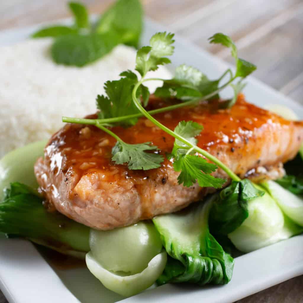 Honey Glazed Salmon with Bok Choy Asian greens on a white plate
